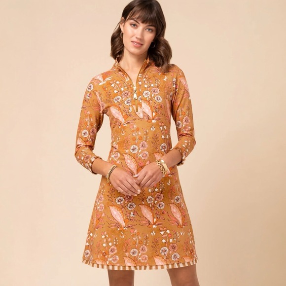 Spartina 449 Dresses & Skirts - Spartina 449 Nora Half-Zip Fringe Dress Mercer House Woodblock Floral Brown‎ XL